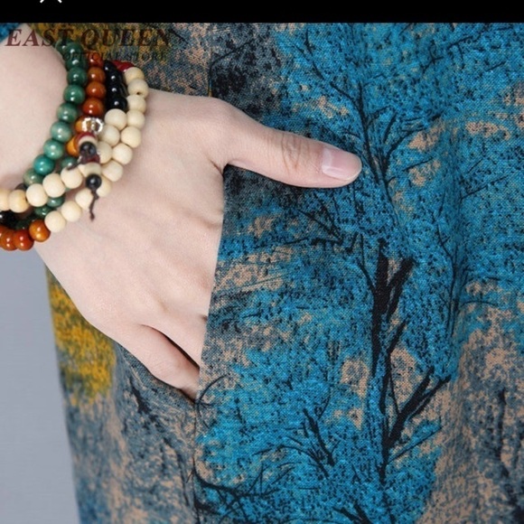 Tree Print Cacoon dress one size fits all, free flowing with pockets, jewel tone - Picture 2 of 11
